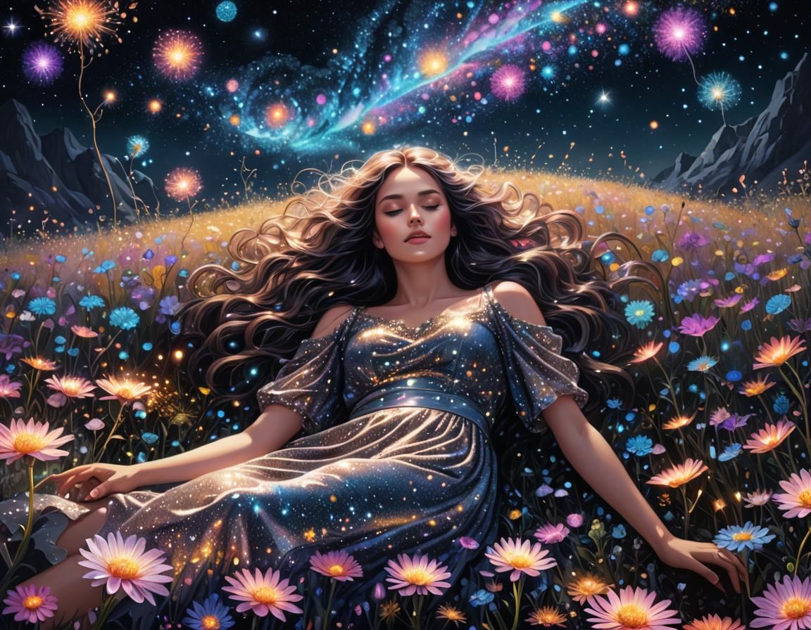 Magical Bioluminescent Flower Field at Night