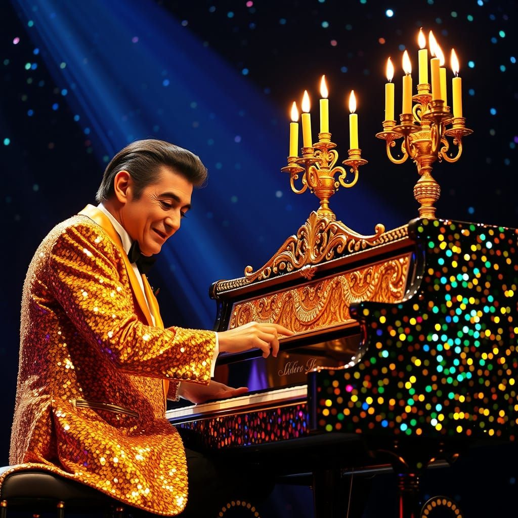 a scene covered in sequins, Liberace wearing gold sequins playing a piano made of black sequins, a large candelabra with...