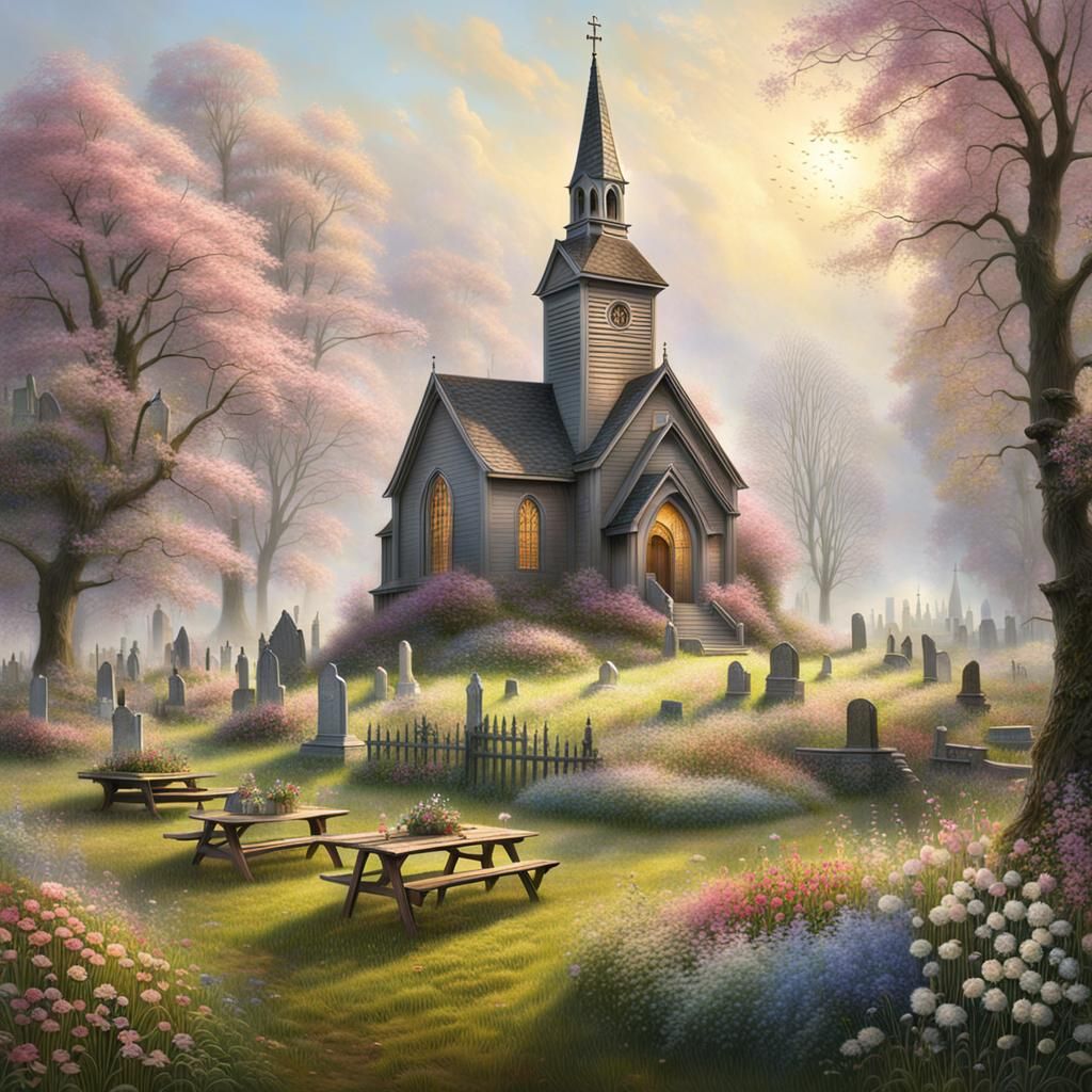 1800s Graveyard Picnic in Springtime, Hyperdetailed
