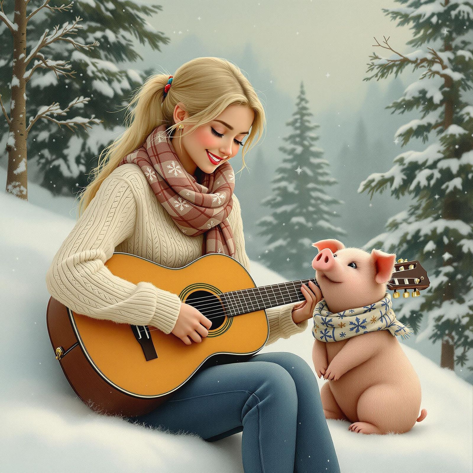 Winter Scene with Blonde Musician and Pig