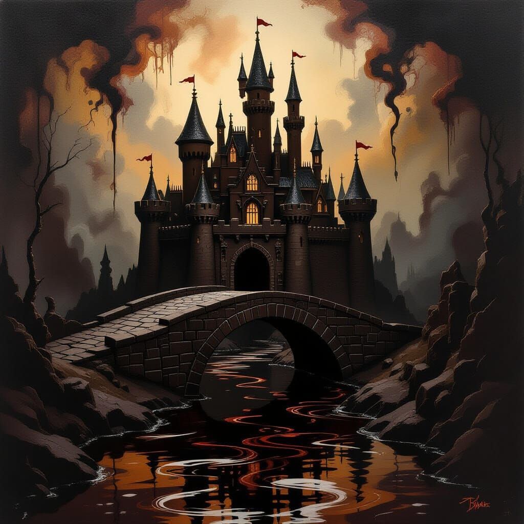 Dark Chocolate Castle Over Melted Chocolate River