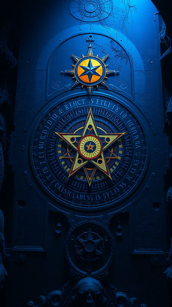 Cryptic Symbols in Dark, Biomechanical Eerie Blue Hues