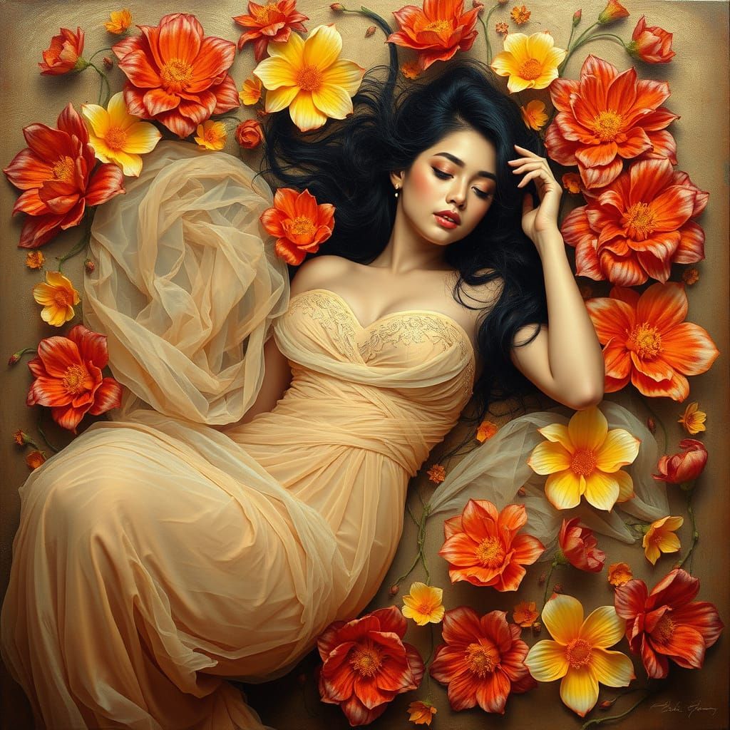 Brunette Venus in Floral Tornado: Surreal Digital Art