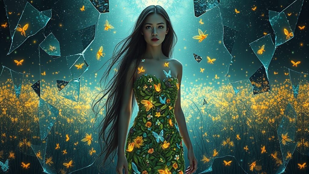 Dreamlike Woman in Shattered Mirror Field