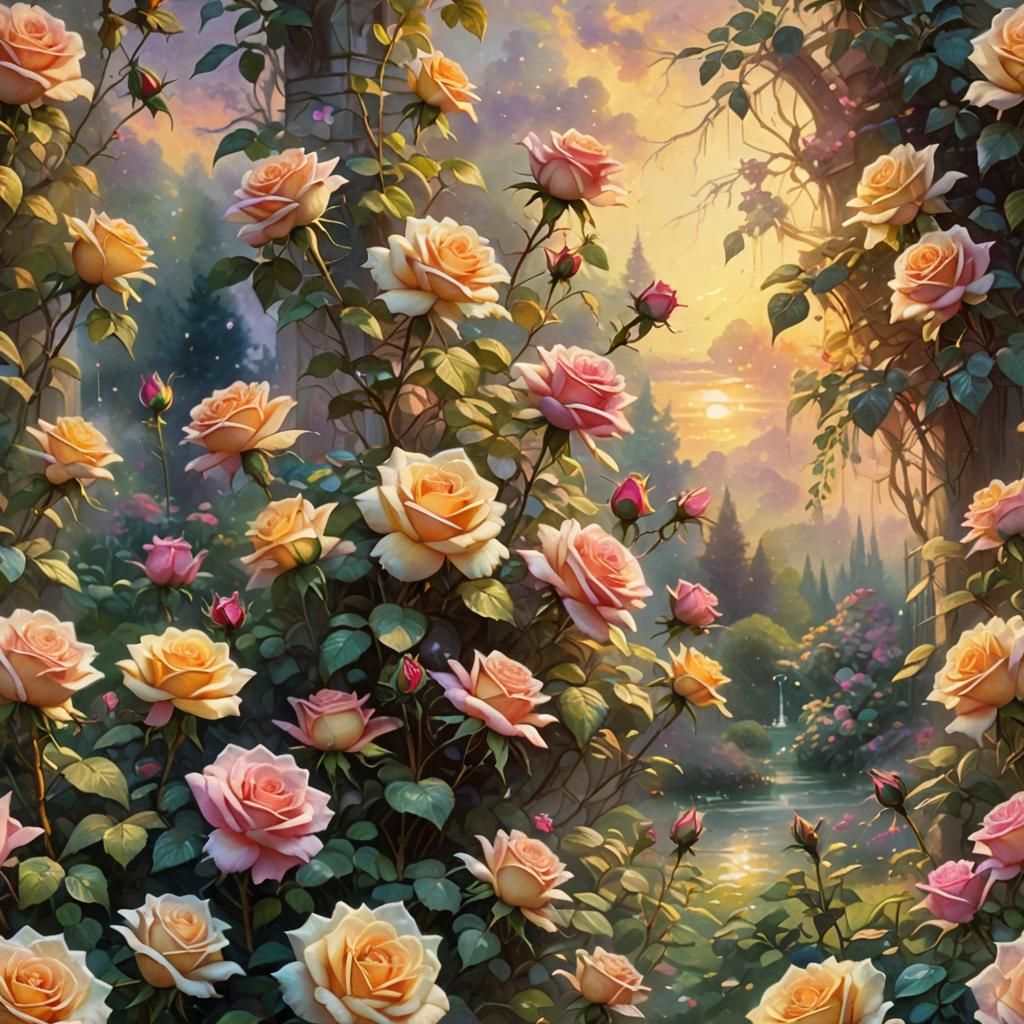 Rainbow Rose Garden at Sunset as Oil Painting