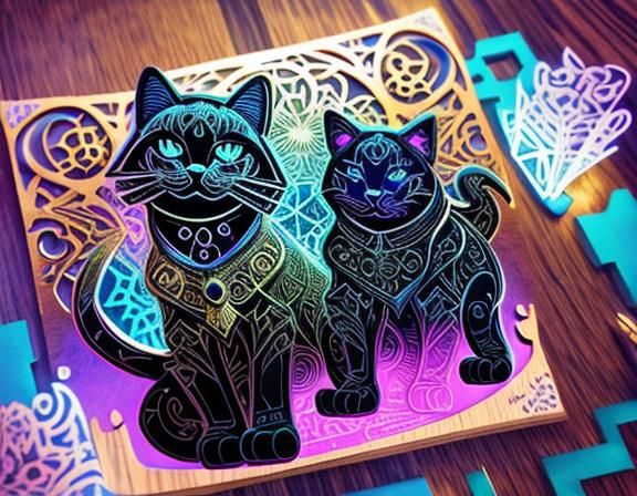 Steampunk Art Nouveau Black Cat with Holographic Elements