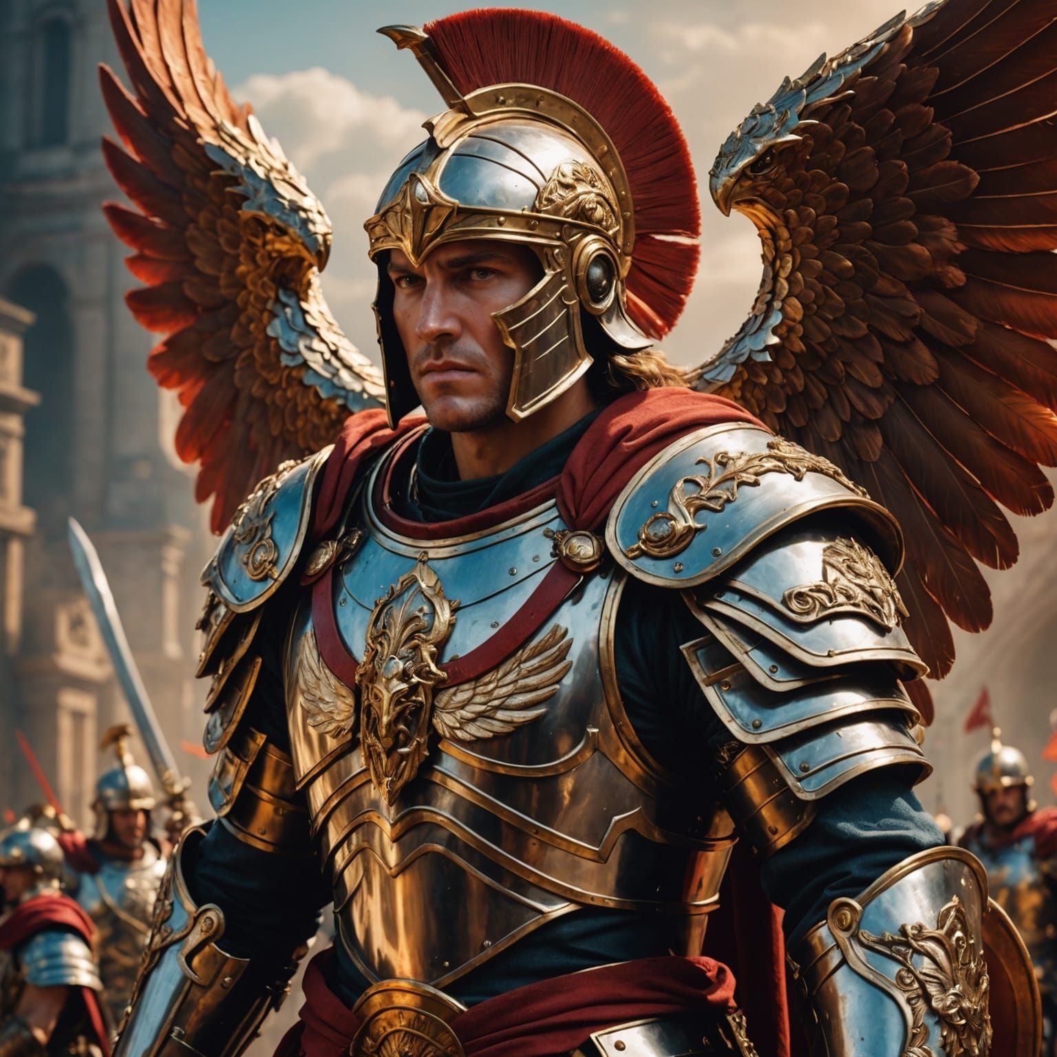 Angelic Legion in Roman Armor: Hyperrealistic Splash Art