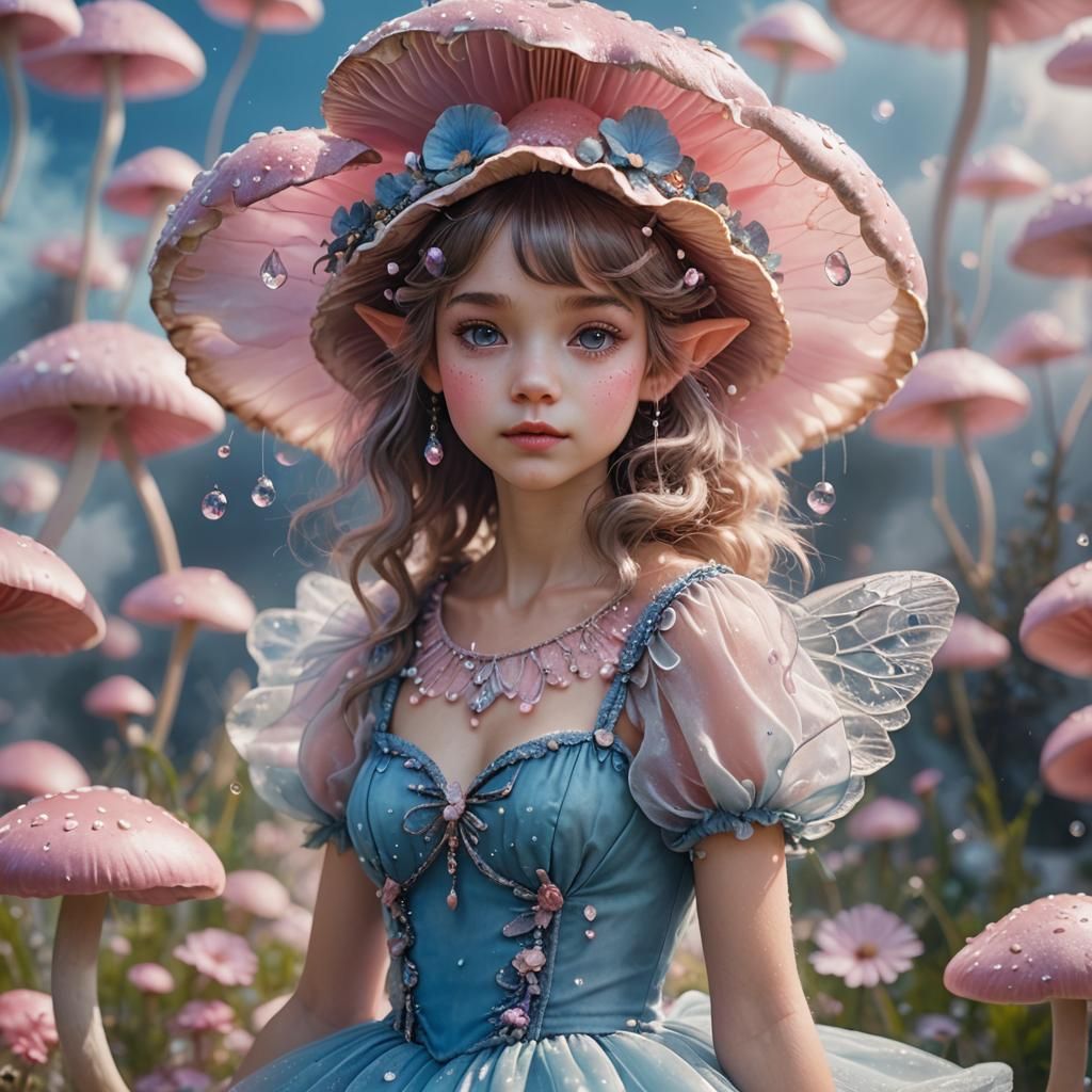 Mushroom Fairy in Fluffy Clouds, Matte Painting