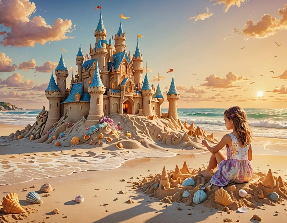 Fantasy Sandcastle on Sunny Beach in Watercolor Style