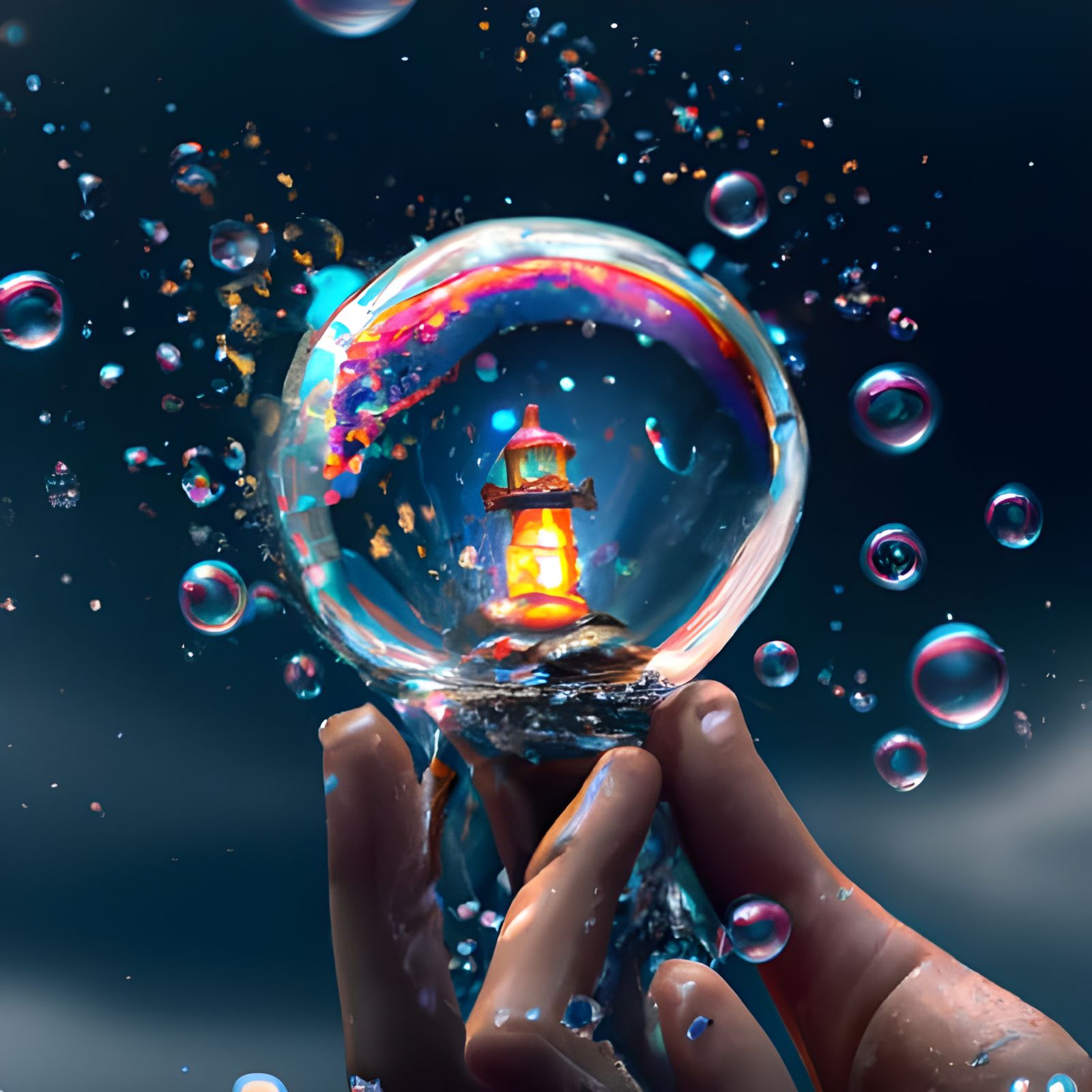 Lighthouse in Bubble with Fireflies: Digital Painting
