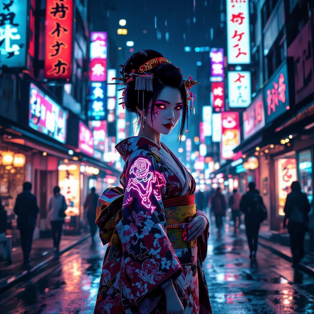 Cyberpunk Geisha in Neon Tokyo