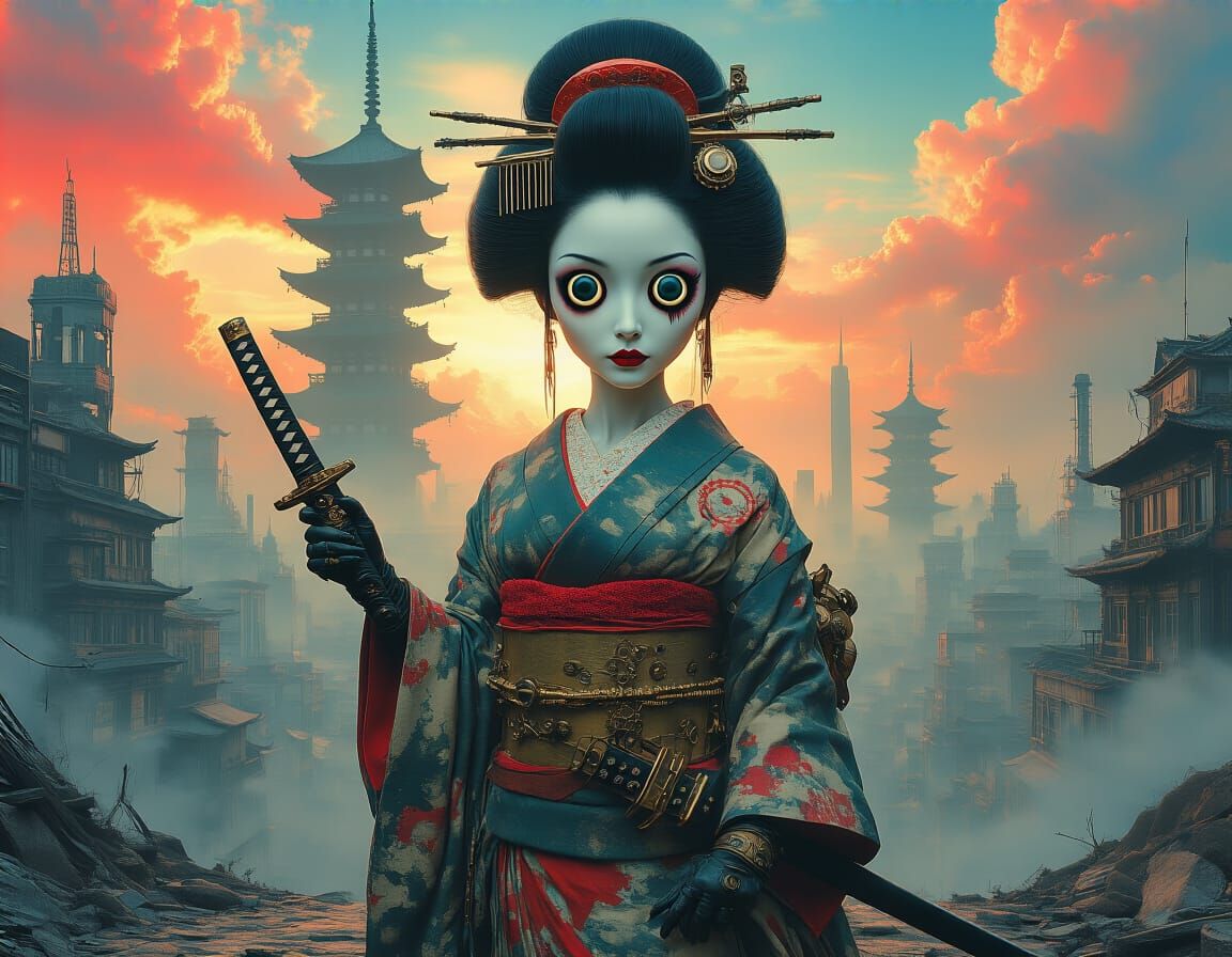 Steampunk Geisha in Post-Apocalyptic Cityscape