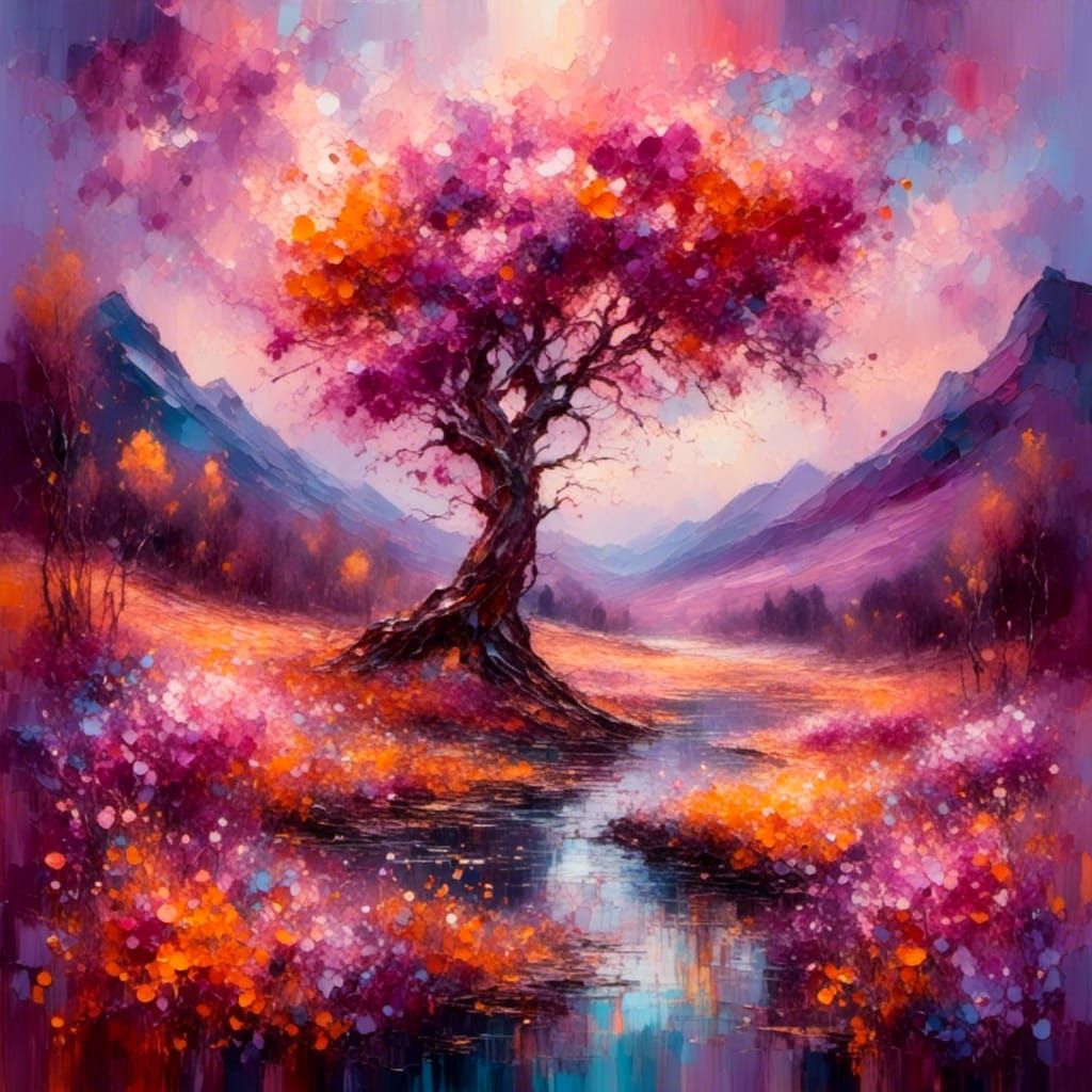 Vibrant Flower Field and Golden Tree, Fauvist Oil Painting