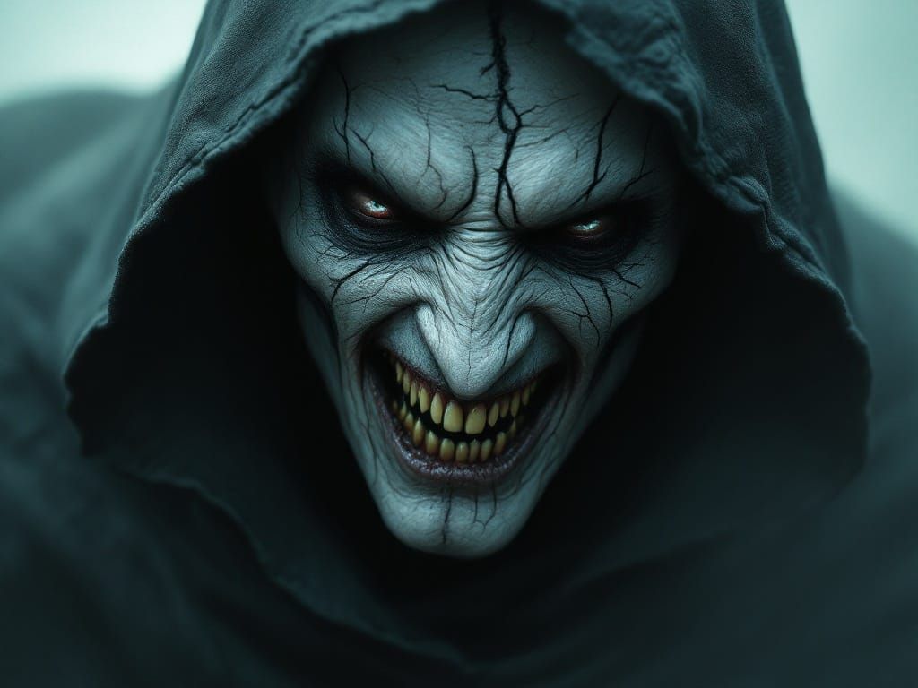 Eerie Hooded Figure Floating in Dense Fog