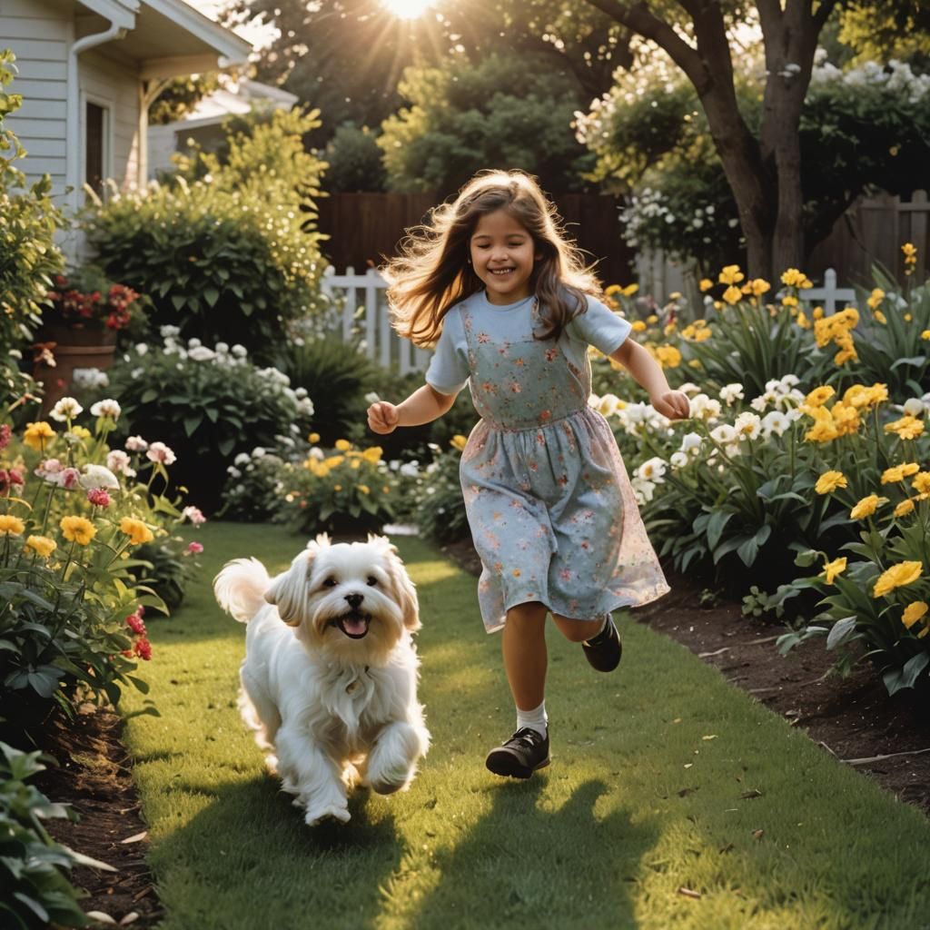 Girl and Dog Playing in Sunny 1980s Backyard