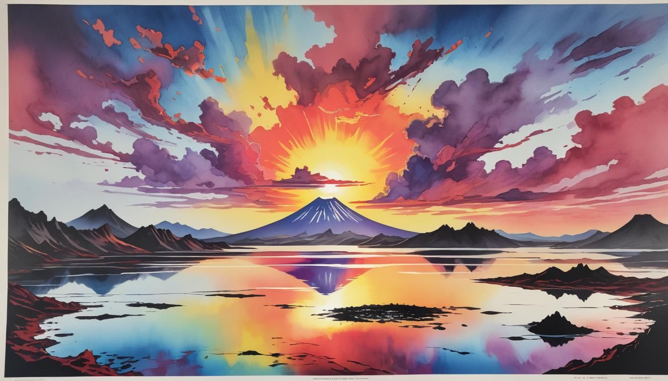 Volcanic Lake Sunrise in Ink Poster Style