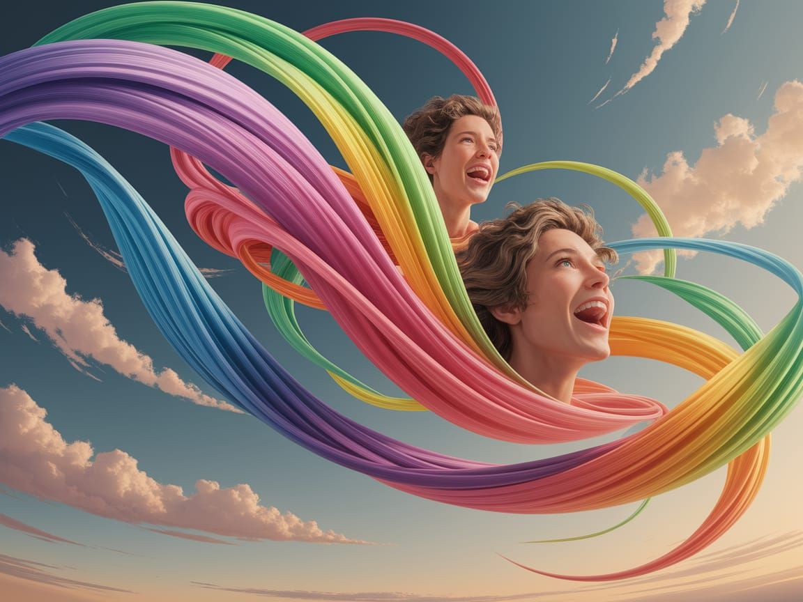 Vibrant Ribbons of Joy Dance Amongst Expressive Faces