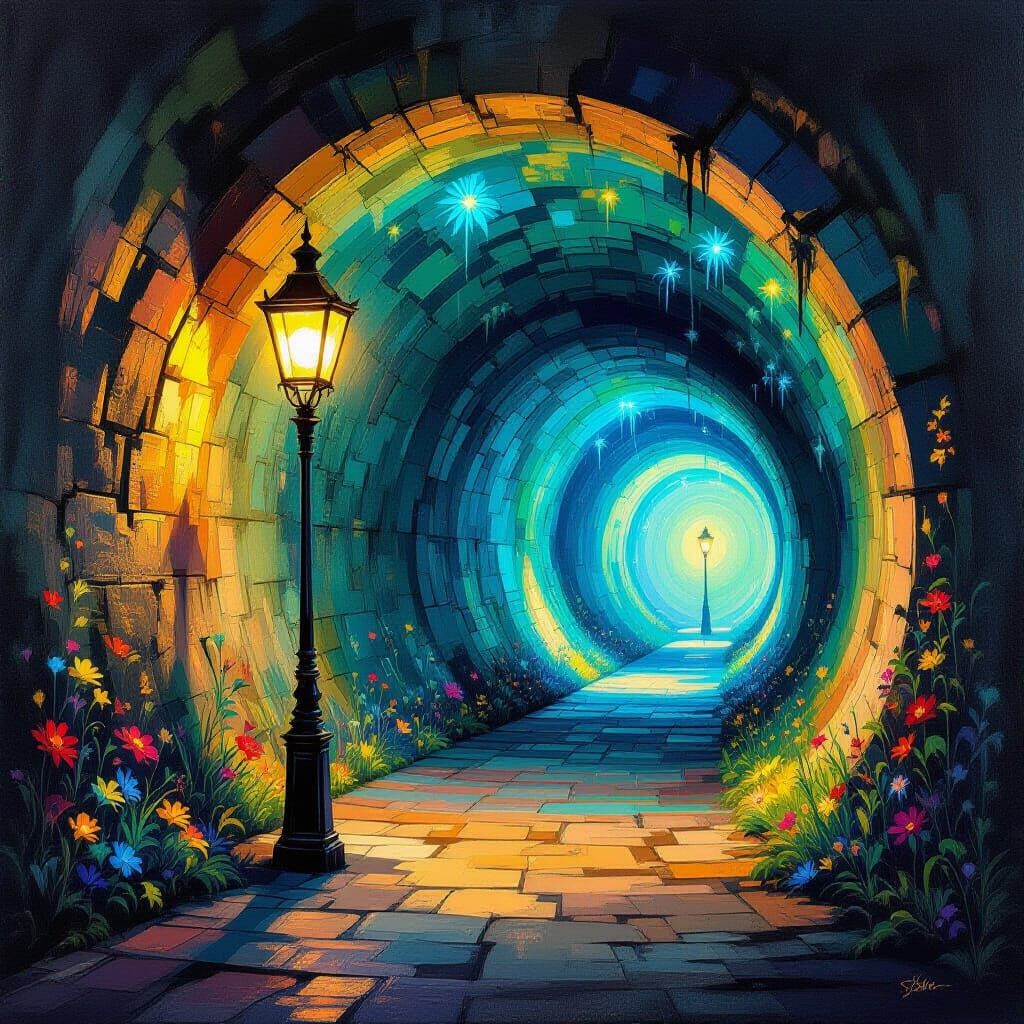 Antique Lamp in Bioluminescent Tunnel Oil Painting