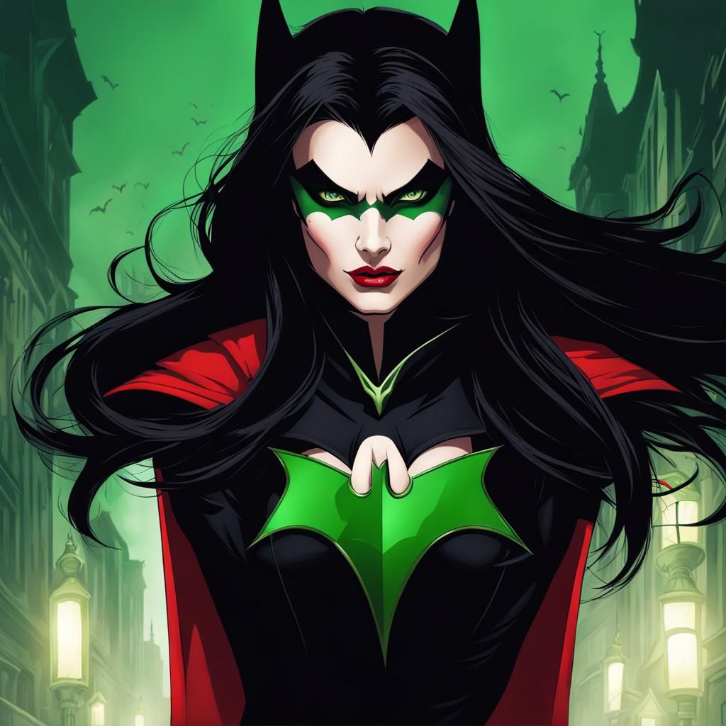 Vampire Batwoman with Fangs and Green Eyes