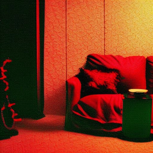 Festive Deep Red Living Room in 1990s Aesthetic