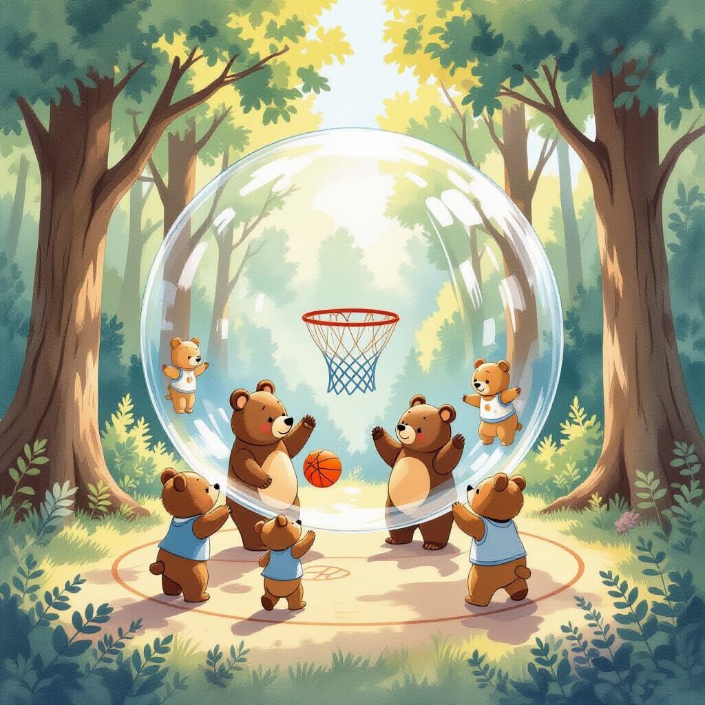 Picture a serene forest scene where a family of anthropomorphic bears is playing basketball inside a giant, transparent ...