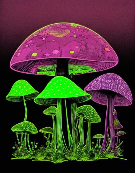 Neon Toadstools at Night: Fluorescent Blacklight Poster Art