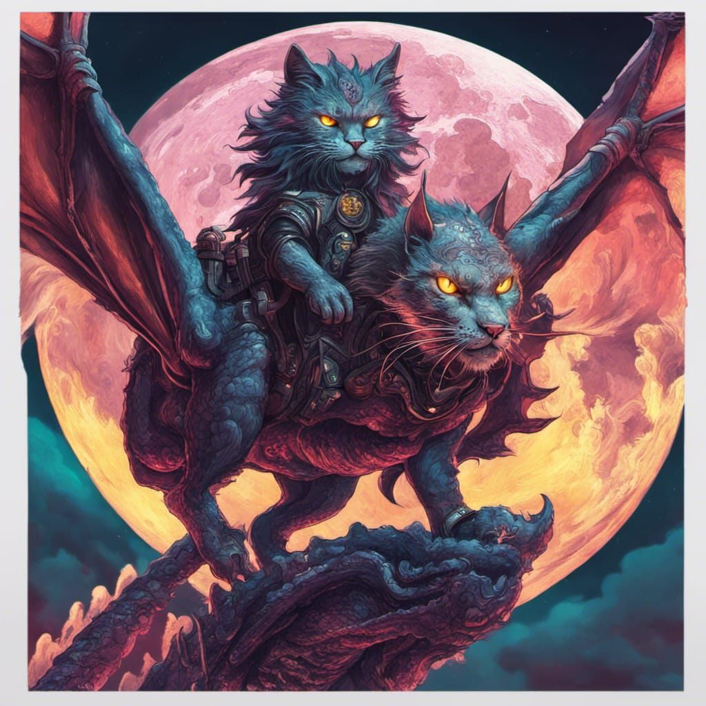 Cyberpunk Cat Rides Dragon Under Full Moon