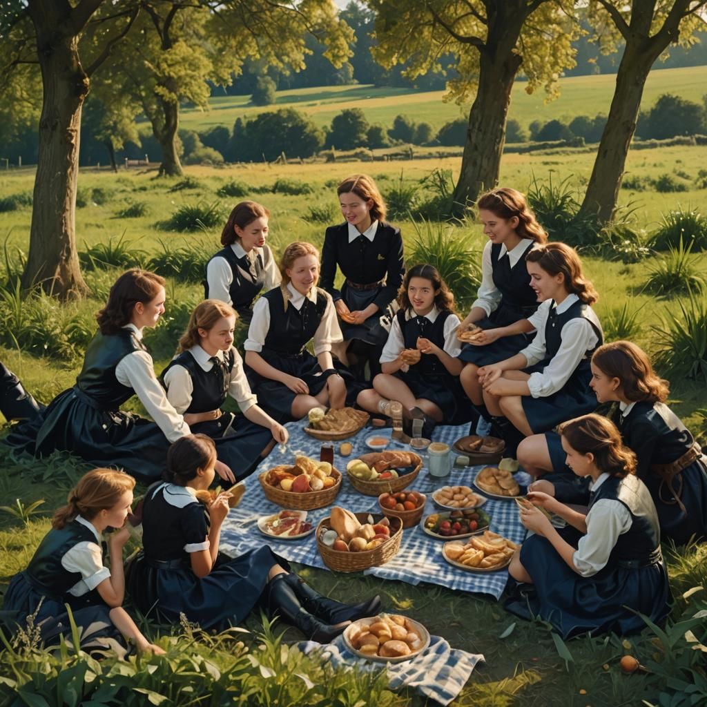 School Girls Picnic in Picardy: Cinematic Film Still