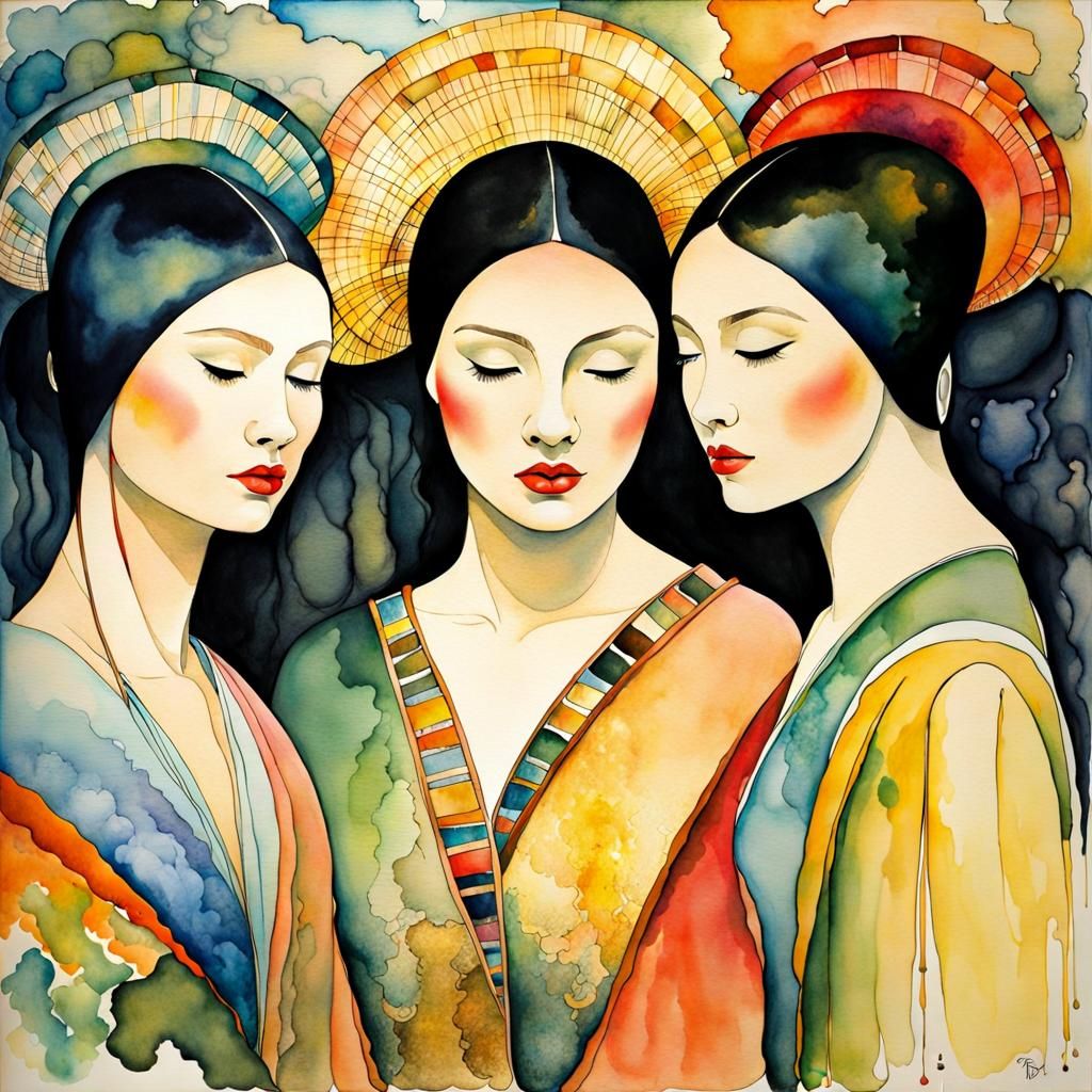 Sisters Portrait in Watercolor and Ink Style