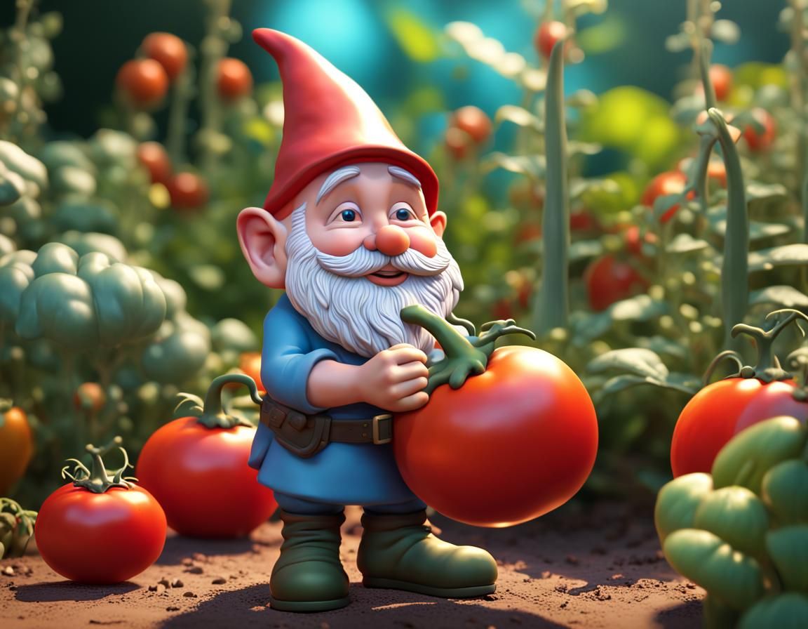 Charming Garden Gnome in Pixar-Style Tomato Garden