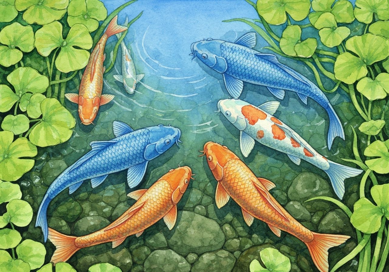 Graceful Koi Carp in Pond, Detailed Watercolor Painting
