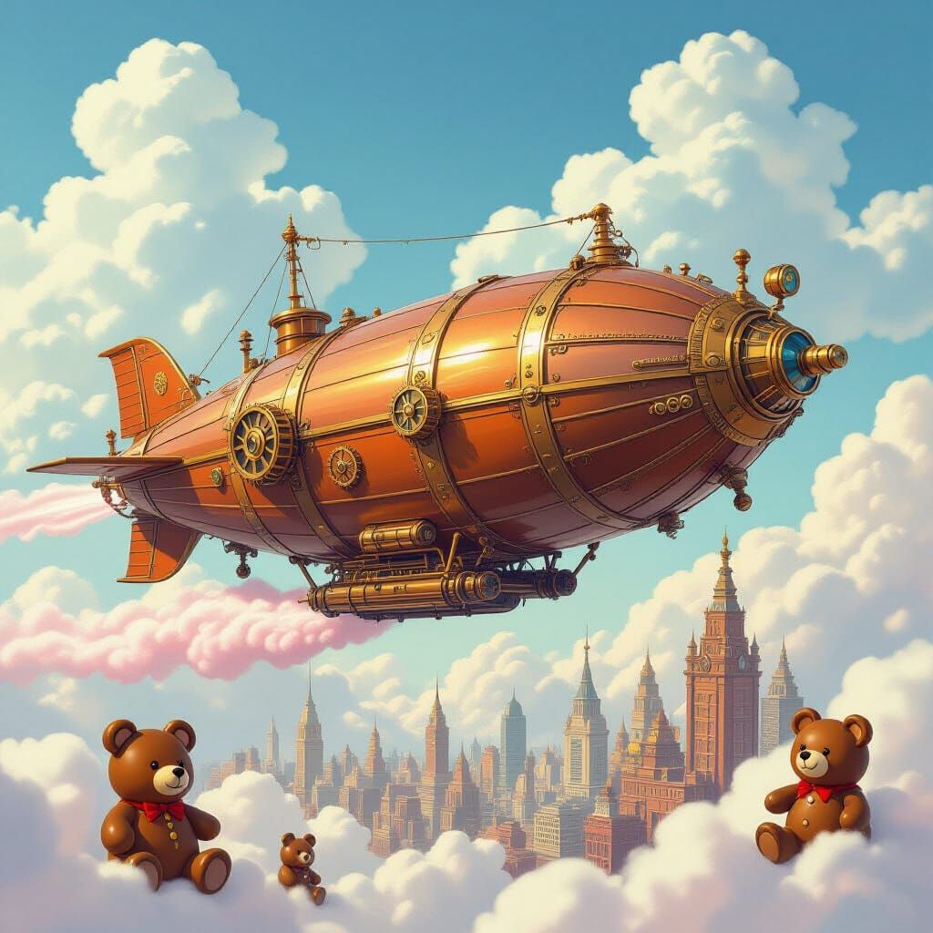 Steampunk Airship Soaring Over a Candy City