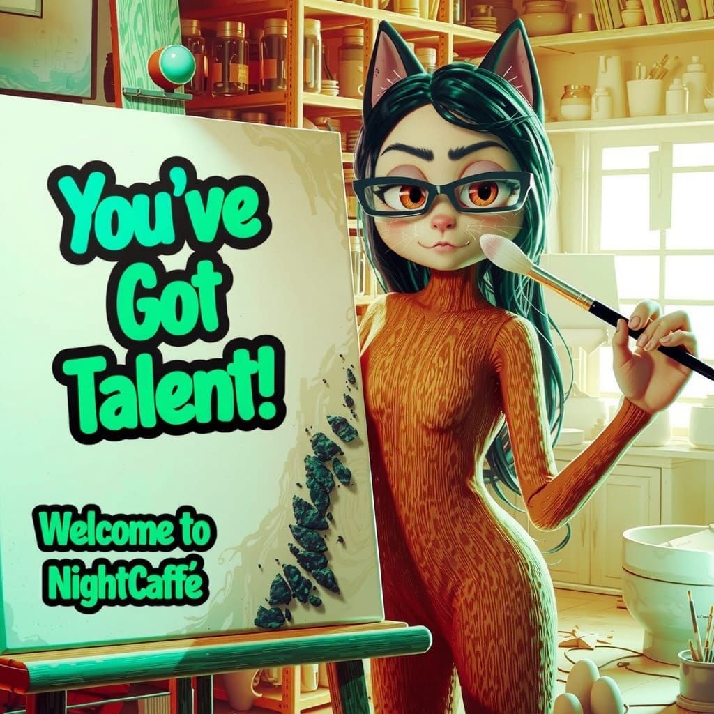 In a warmly lit art studio filled with scattered paint supplies and shelves brimming with art materials, a charming anth...