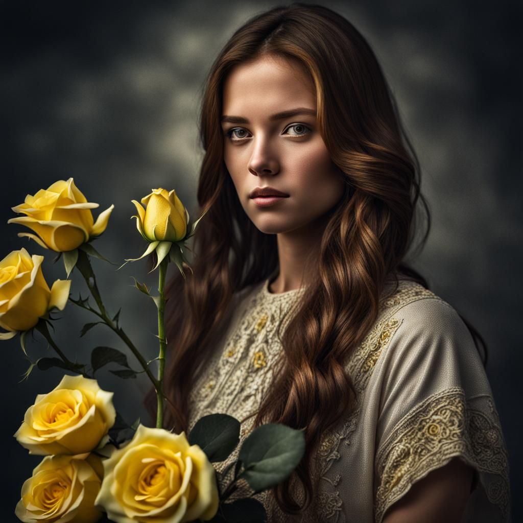 Woman with Rose: Hyperrealistic Atmospheric Portrait