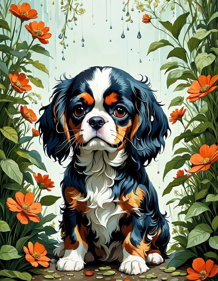 Adorable King Charles Spaniel Puppy in Spring Flowers