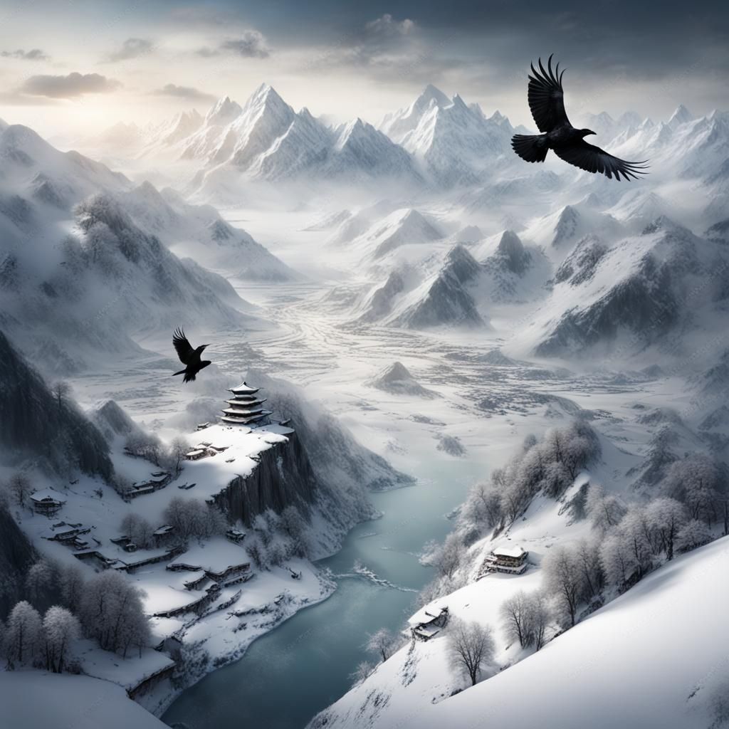 Aerial View of Snowy Mountains in Ink Style