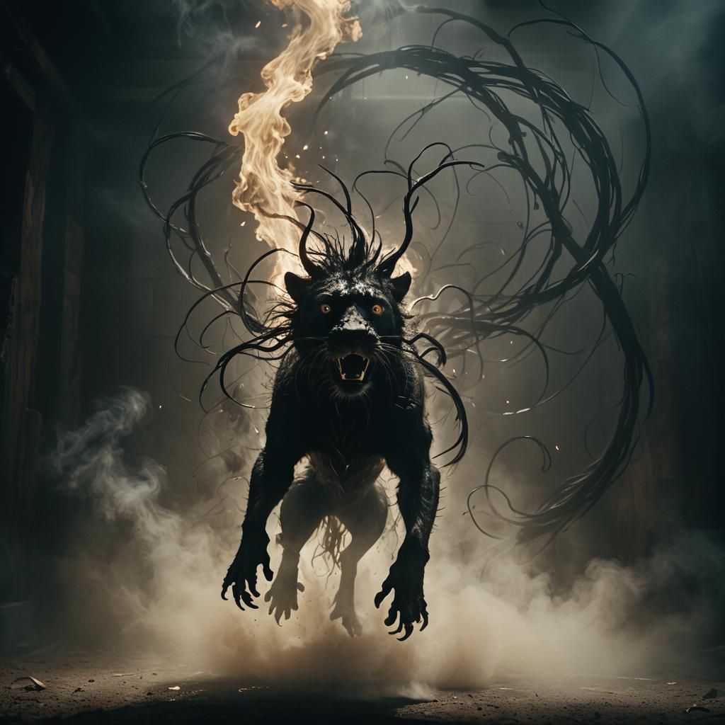 Ominous Animal Emerges from Void Portal in Film Noir Style