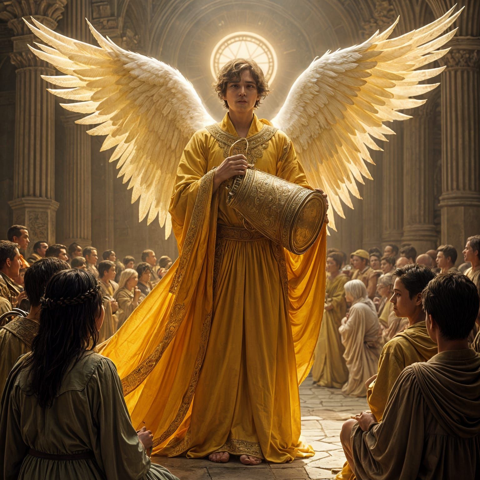 Ancient Angel with Golden Halo and Intricate Robe