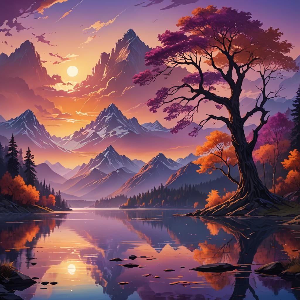 Serene Sunset Lake Reflection in Fantasy Landscape