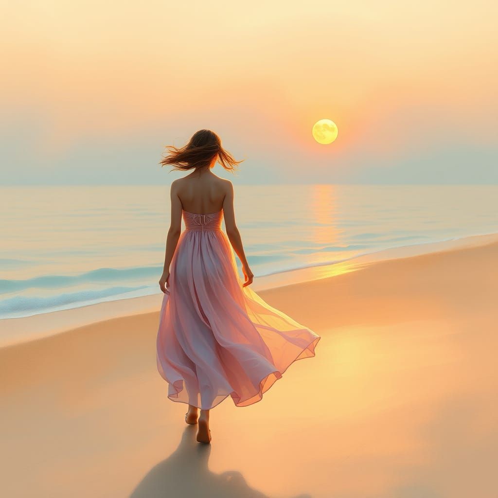 Serene Woman Walking on a Tranquil Beach at Dusk in Whimsica...