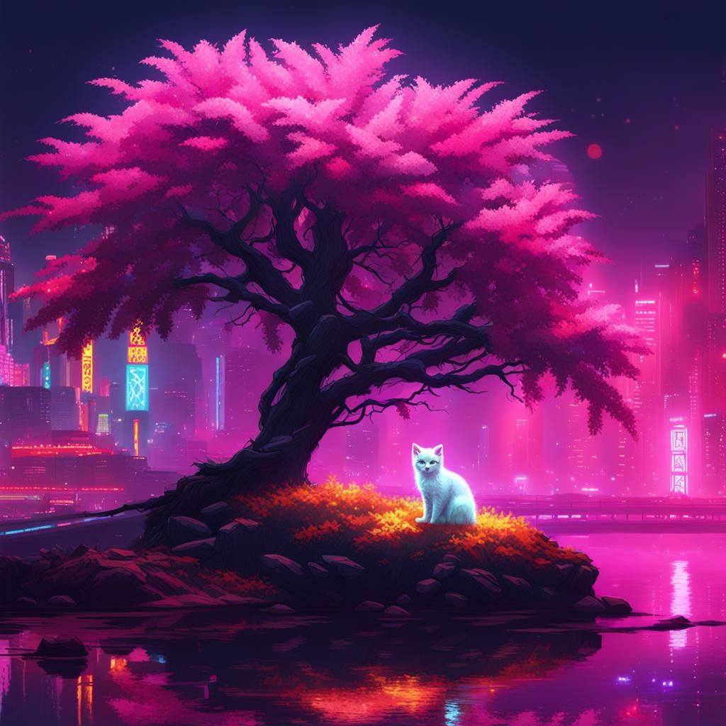 Cyberpunk Kitten Tree on Riverbank