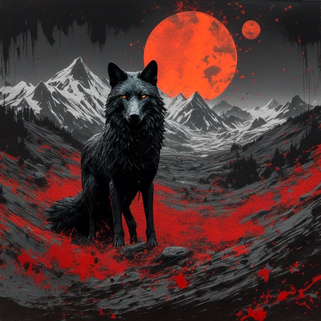 Dramatic Black Fox in Glitch Art Landscape