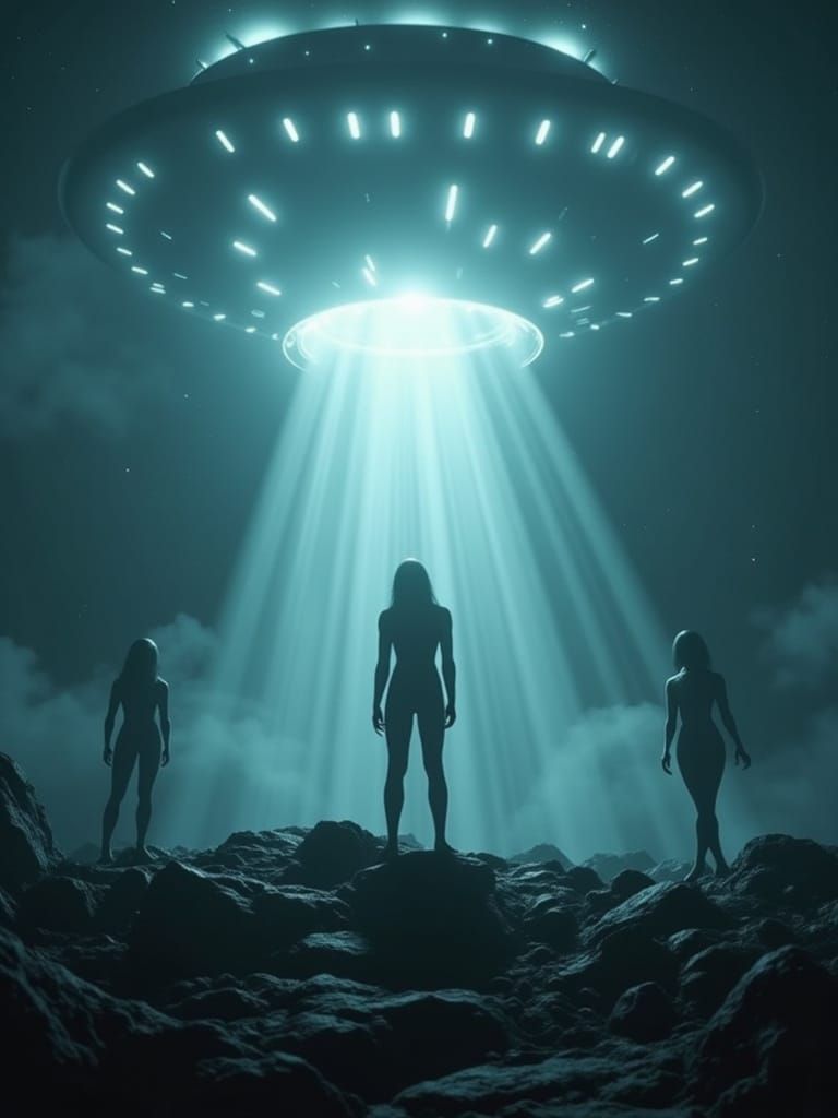 Alien Silhouettes Under UFO in Cinematic Sci-Fi Scene