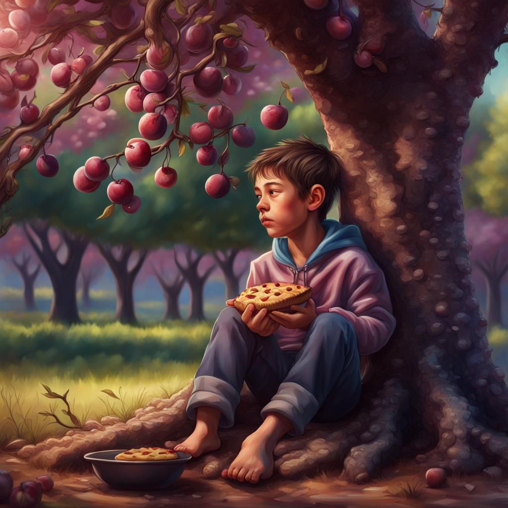Realistic Boy Under Plum Tree with Pie