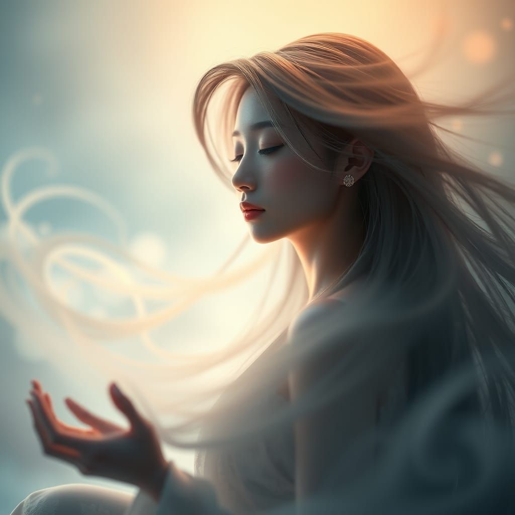 Serene Asian Woman Meditating in Ethereal Aura