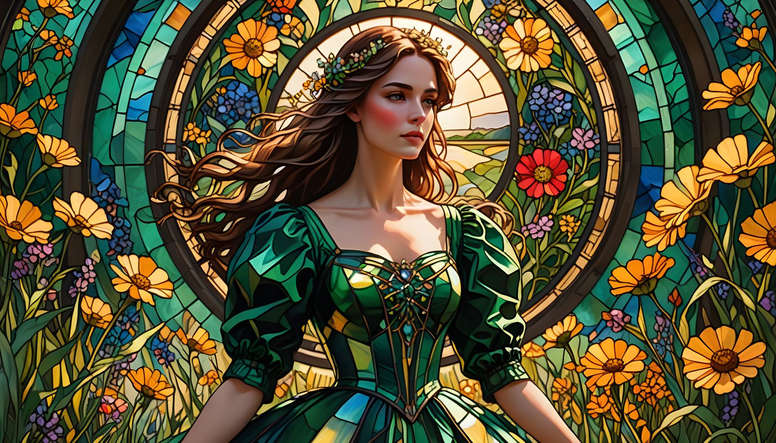 Goddess in Stained Glass Gown in Wildflower Field