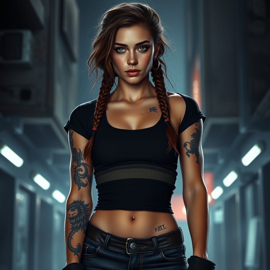 Muscular Woman in Dystopian City, Ultrarealistic Photo