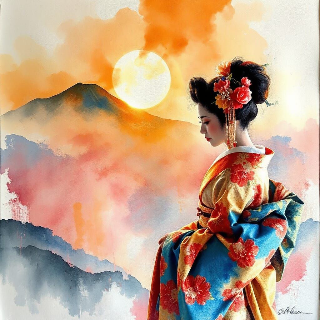 Geisha Under Sunset: Watercolour and Oil Fusion