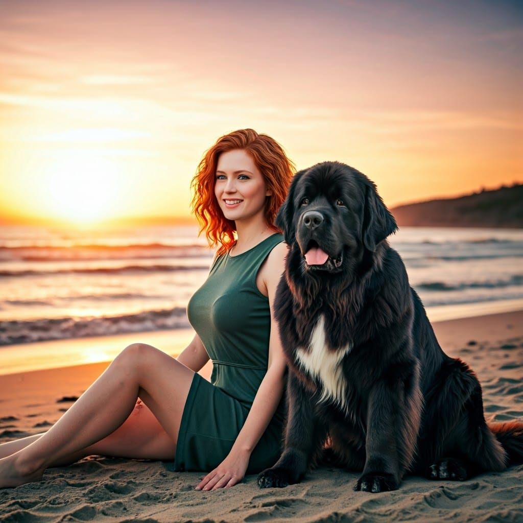 Redhead Beauty on Beach at Sunset, Hyperrealism
