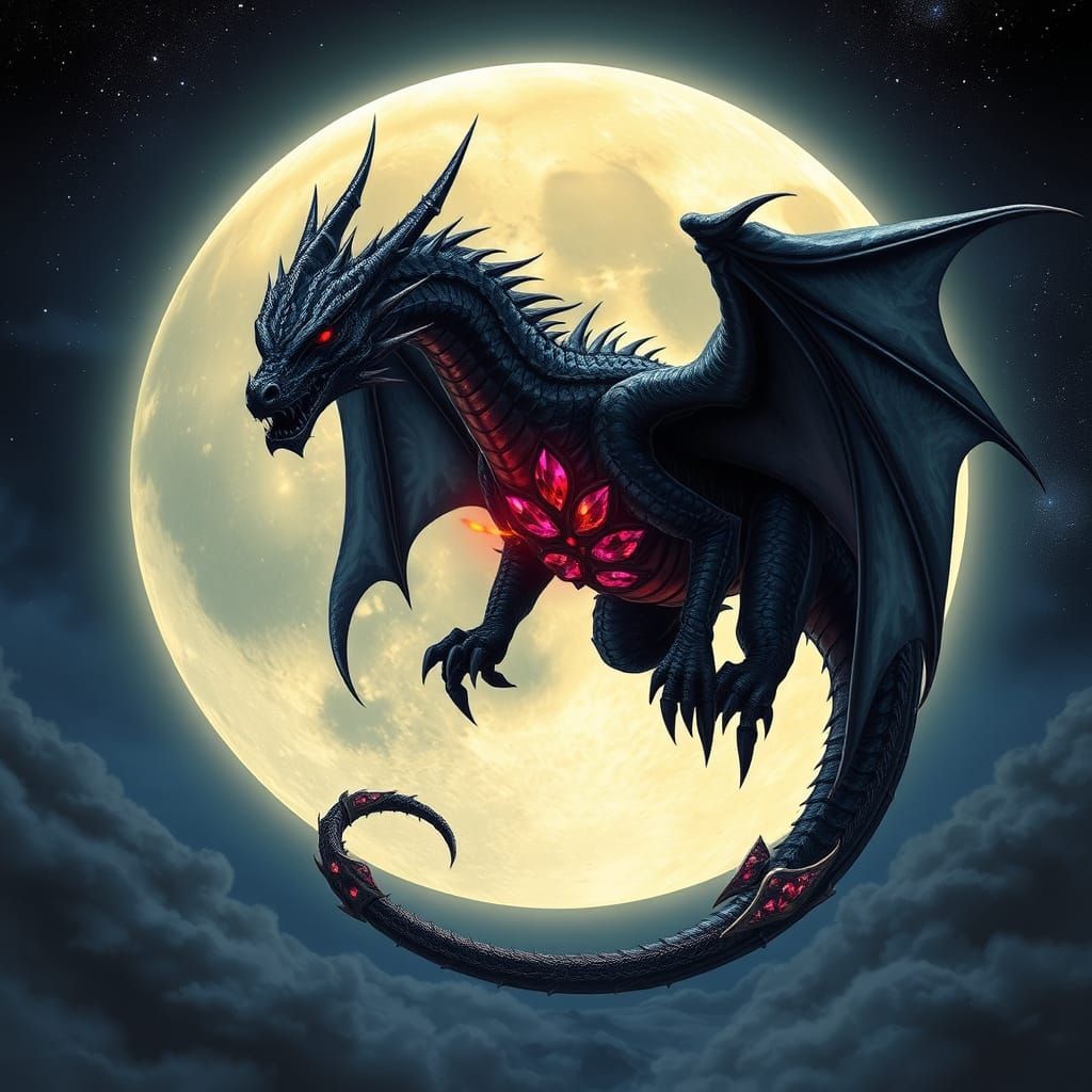 Iridescent Black Dragon Soaring Under Full Moon